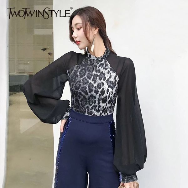 

twotwinstyle vintage leopard print patchwork chiffon shirts women stand collar lantern sleeve blouse female korean 2019 spring, White