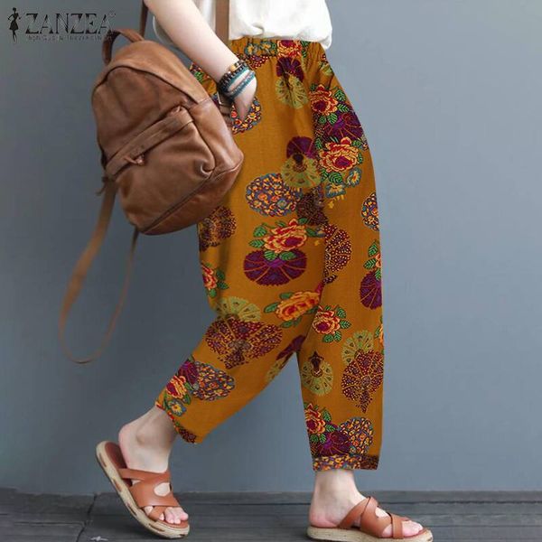 

women's pants & capris vintage printed harem autumn trousers zanzea 2021 casual elastic high waist long pantalon palazzo plus size turn, Black;white