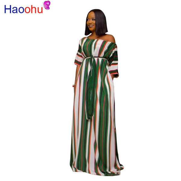 

striped printed maxi robes with sashes summer slash neck half sleeve long dress women casual loose dress, Black;gray