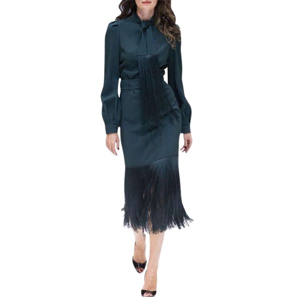 

woman two piece outfit set 2 piece suit tassel strap bow tie collar long sleeve womens luxury shirts + tassel skirt midi skirt, White