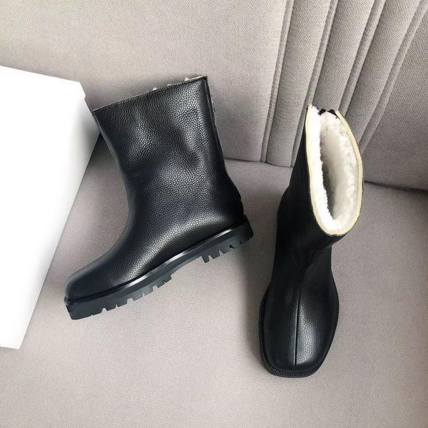 

wool sheep fur snow boots square toe flat heel ankle long boots winter warm shoes genuine leather women, Black
