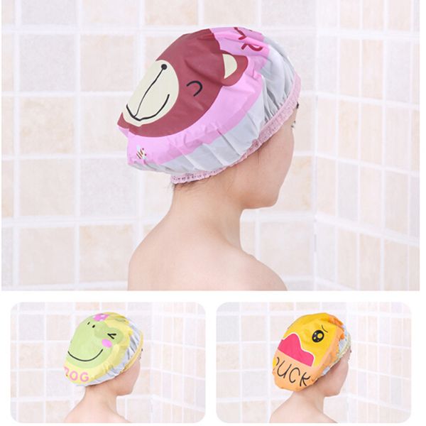 

4 type cute cartoon shower bath cap hat for baths and saunas lace elastic band cap spa women kids hair protective
