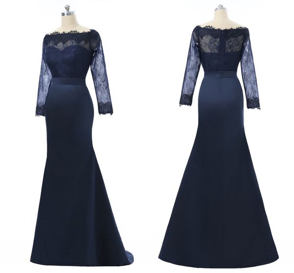 

navy mermaid mother of the bride groom dresses with long sleeves lace satin bateau sheer neck hollow back evening prom dress gown, Black;red