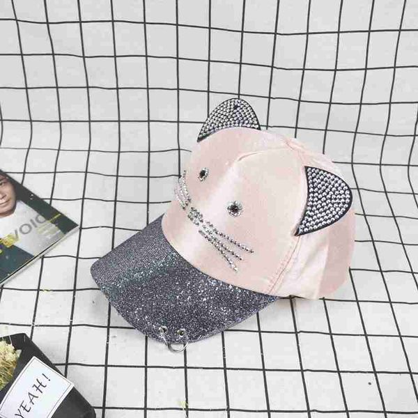 

myzoper 2019 fashion new cat ear lovely rhinestone inlay baseball cap sequin adjustable tide women's hat cap adult, Blue;gray
