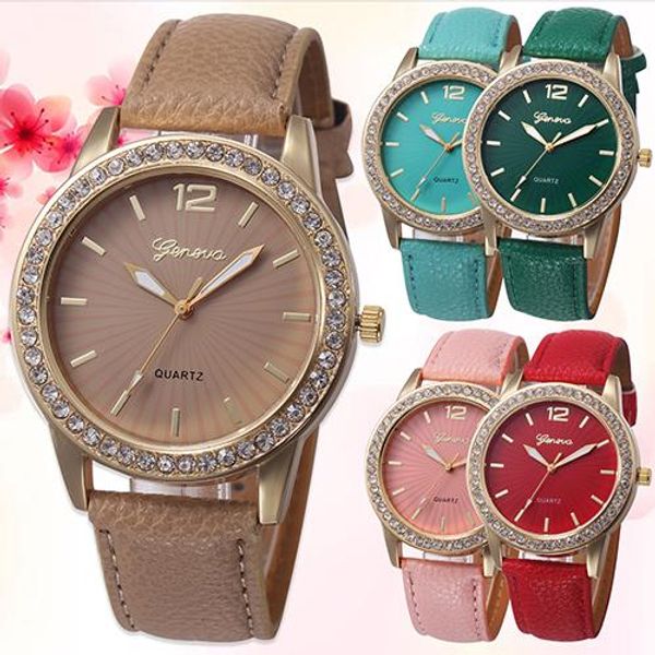 

female women wrist watch fashion ladies rhinestone faux leather clock analog quartz dress wrist watch jewelry, Slivery;brown