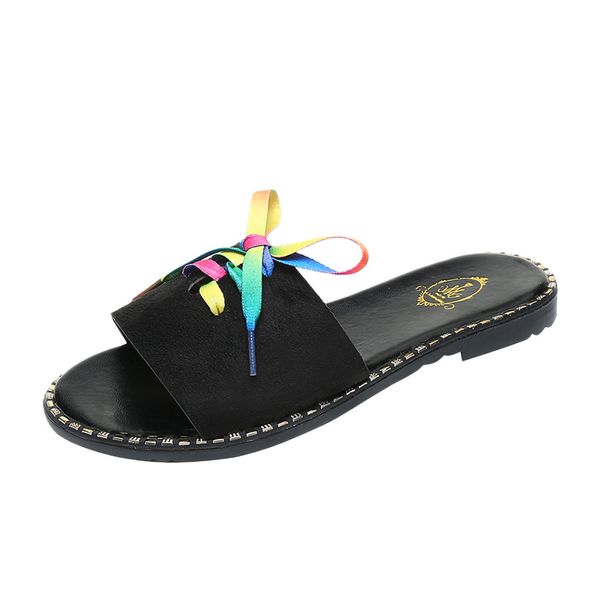 

women lace-up round toe flat sandals wild shallow mouth waterproof beach shoes fashion flat round toe slipper outside apr 8, Black