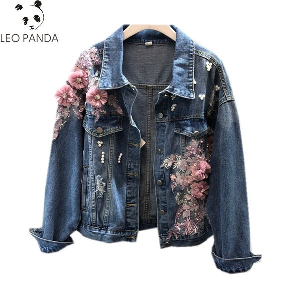 

2019 new autumn europe womens jeans coat brand design pearls 3d print hole female cute denim jacket cowboy jacket, Black;brown