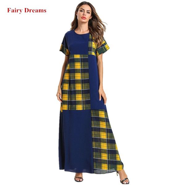 

women muslim dress short sleeve abaya plus size islamic clothing kaftan pakistan turkish moroccan blue yellow plaid casual robe, Red