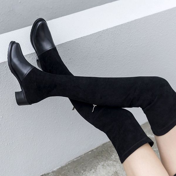 

2019 slim fit genuine leather over knee high boots women stretch thigh boots med heel autumn winter boots brown shoes, Black