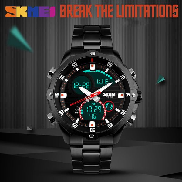 

skmei digital quartz watch men 30m waterproof led clock male wristwatches stainless steel strap mens sports watches erkek saat, Slivery;brown
