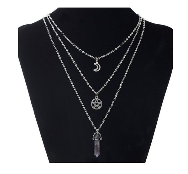 

natural amethyst stone necklace multilayer chain necklace crystal quartz hexagonal prism moon star women pendant necklaces jewelry lady gift, Silver