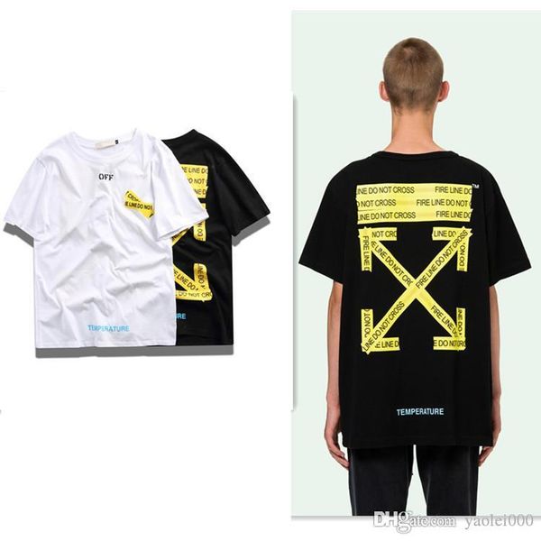 

Cla ic t hirt fa hion brand owf yellow ba ic warning arrow hip hop loo e couple hort leeved high end ca ual t hirt two color, White;black