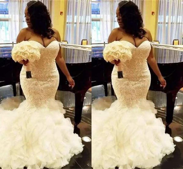 

2020 mermaid wedding dresses lace appliques sweetheart sleeveless with ruffles bridal dresses custom made fashion wedding gowns, White