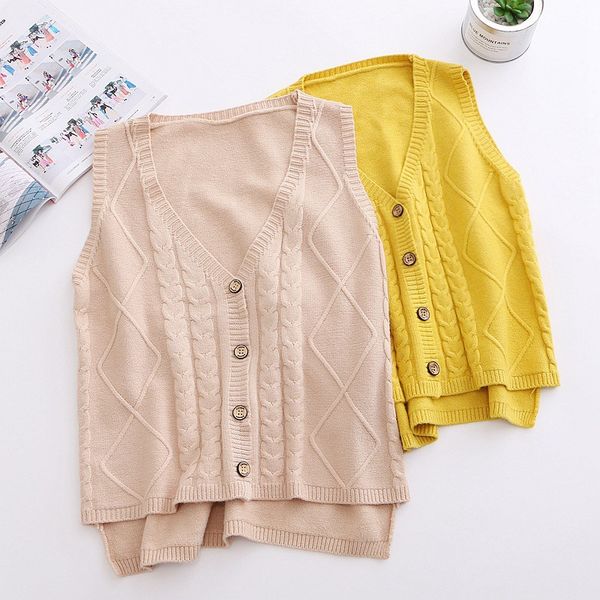 

wynne gadis women girl solid color knitted vest coat loose cardigan female tanks sweater outwear, Black;white