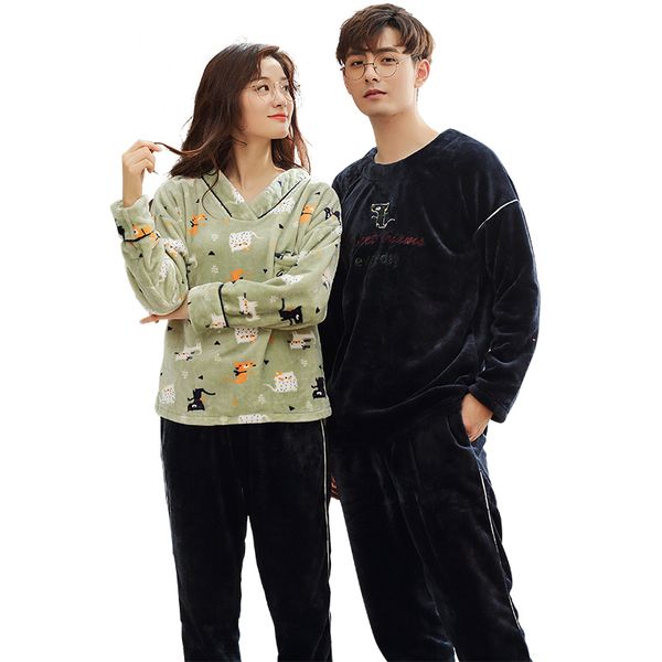 

winter pyjamas thick warm flannel couple pajamas long sleeve casual soft plus size pajamas cartoon pijama lovers pyjama set, Blue;gray