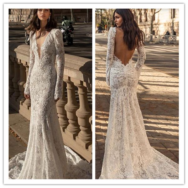 

julie vino 2019 новые свадебные платья русалка глубокий v-образным вырезом кружева длинные рукава свадебные платья спинки sexy boho vestido, White