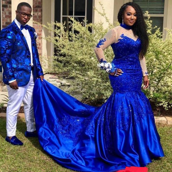

plus size royal blue mermaid prom dresses 2019 high neck lace stain applique long sleeve african black girl evening wear gown, White;black