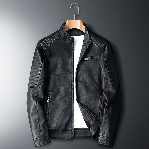 

2020 new men's plus velvet leather jacket korean style slim handsome stand collar short leather jacket tide, Black