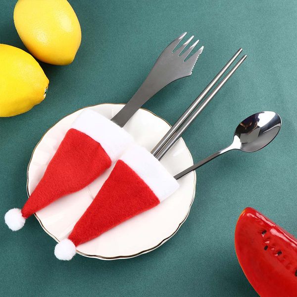 

mini santa hat tableware decor christmas xmas silverware holder pockets knife spoon fork bag wine bottle cap cover for kids decoration