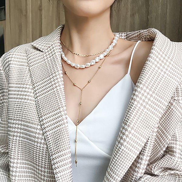 

hip hop multi-layer imitation irregular pearls chain metal beads line lock chain necklace for women jewelry, Silver