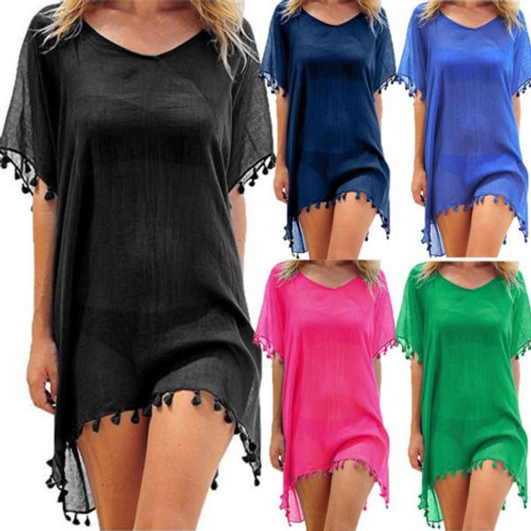

multi-colored women beachwear swimwear bikini beach wear cover up tassel summer short dress clothing, Blue;gray