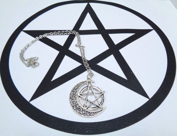 

witch pentagram crescent moon pendant necklace pagan gothic jewelry, Silver