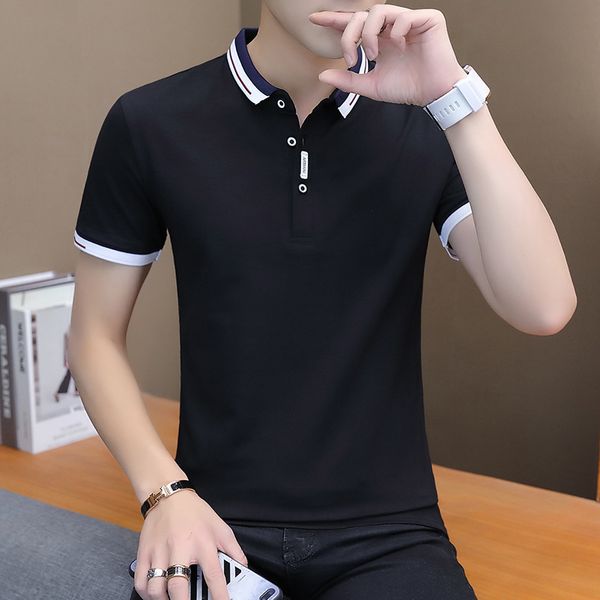 

мужской летний сплошной цвет лацкан поло футболка кнопка полоса край с коротким рукавом мужские дизайнерские весенние топы, White;black