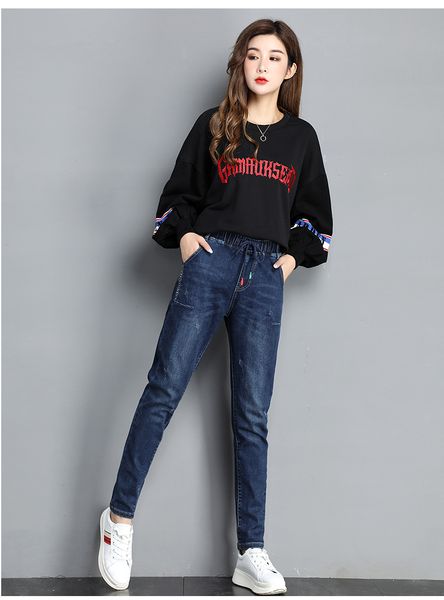 

dark blue elastic waist jeans women loose the spring and autumn period and the han edition high elastic waist thin new joker torre haroun pa