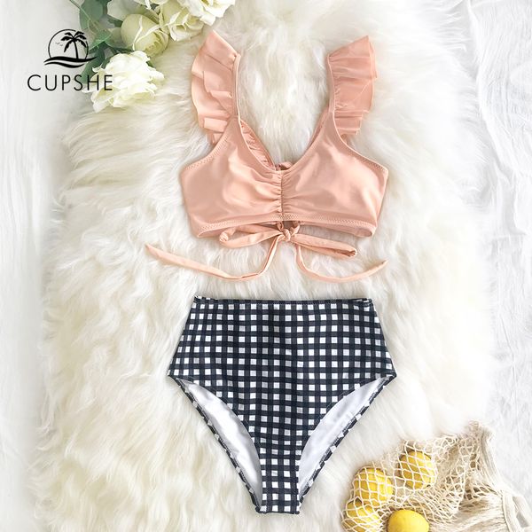 

cupshe pink ruffled бикини наборы с высокой талией gingham bottom женщины сладкие два кусочка купальники 2020 девочка пляж купальниках, White;black