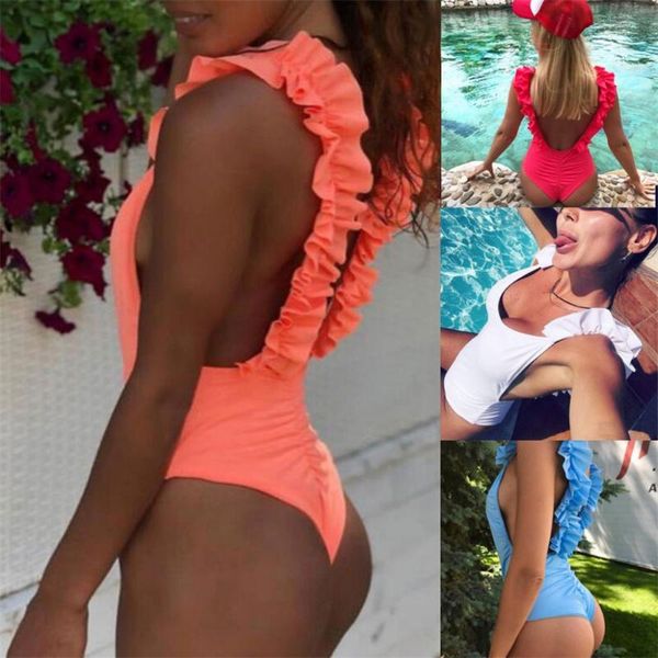 

women solid ruffle push-up padded bra beach halter bikini set swimwear cover up dropping maillot de bain female