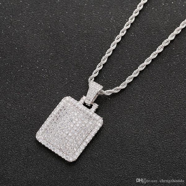 

men iced out dog tag pendant necklace with rope chain cubic zircon charms hip hop jewelry, Silver