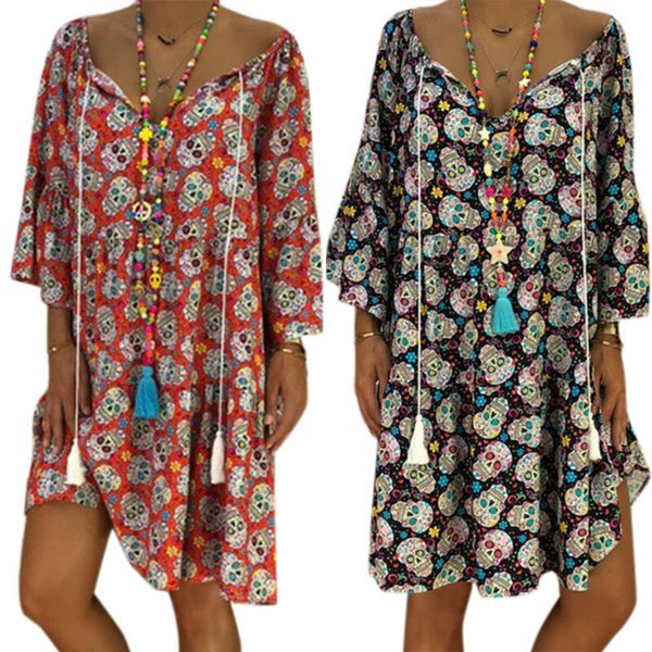 

Women Plus Size Floral Print 3/4 Sleeve Mini Dress Boho Summer Casual Tunic