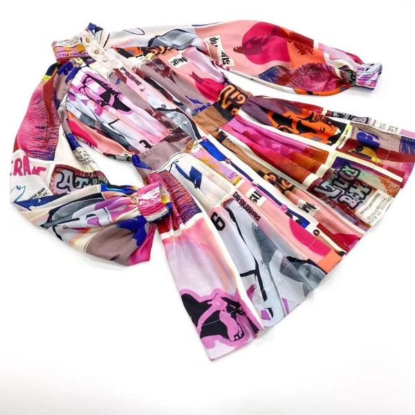 

2020 summer new women's high-necked long-sleeved graffiti vintage fashion mini dress, Black;gray