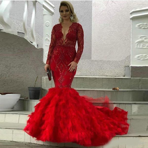 

stunning red feather mermaid evening dresses deep v neck long sleeves beaded prom gowns sweep train appliqued plus size formal dress, Black;red