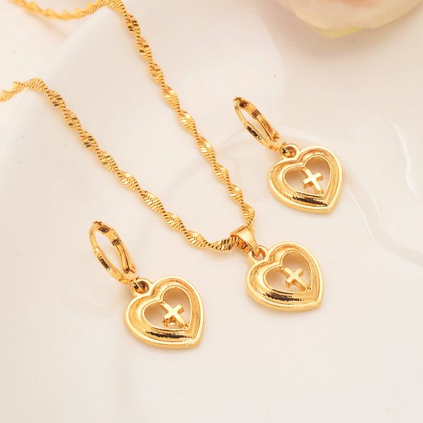 Europe women Jewelry set 18 k Fine Solid Gold filled heart cross Pendant Necklaces/Earrings/Ring Bridal Wedding Gift
