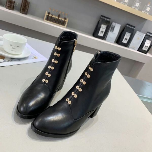 

new leather square head women's boots generous british style martin boots women's thick with autumn and winter custom high heel sh, Black