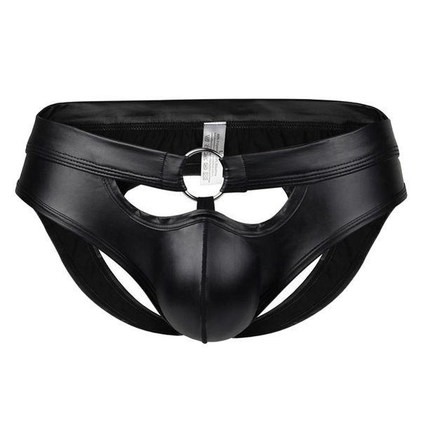 

pu leather briefs low waist o ring open butt thong jockstrap underpants, Black;white
