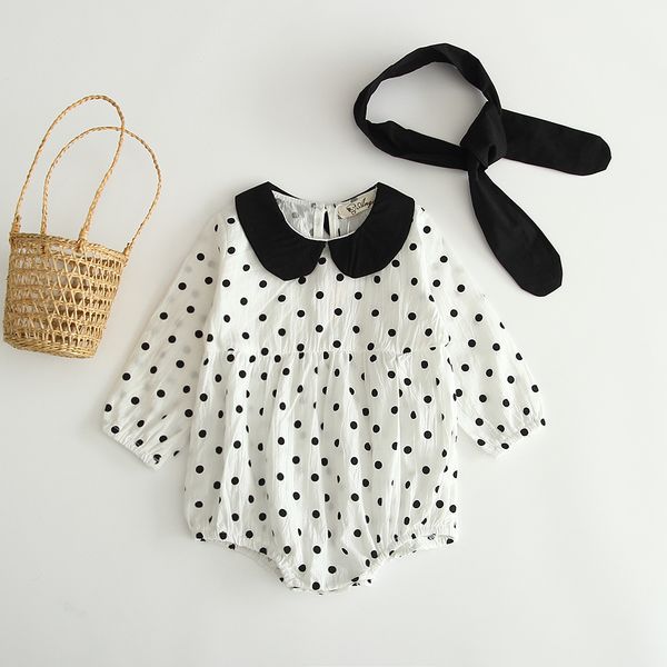 

baby kids clothes Romper Pet Pan Collar Long Sleeve Polka Dots Print Romper with Headband Clothes 100% cotton girl boy rompers 0-2T