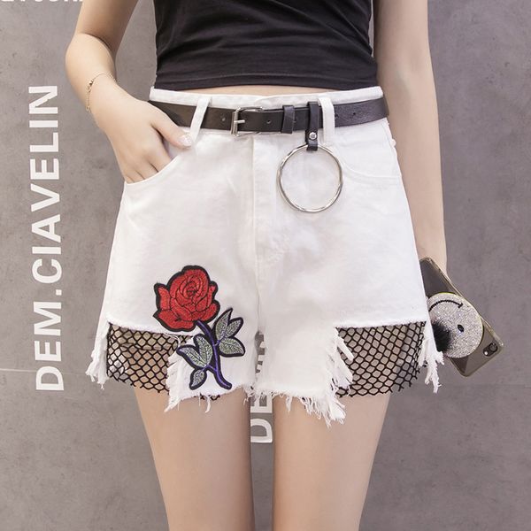 

2018 summer new style korean-style high-waisted denim shorts women's rose embroidered with holes a- line loose pants fishnet hot, Blue
