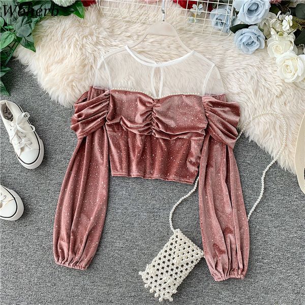

woherb spring autumn korean long sleeve velvet blouse perspective off shoulder see through pearl sequined patch blusas, White