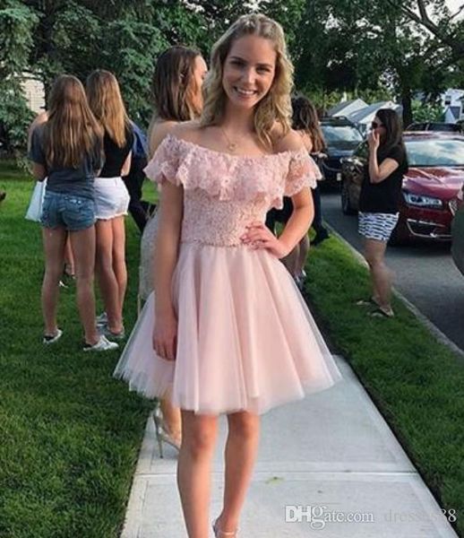 

2019 homecoming dresses bateau neck lace flutters tulle graduation party gowns a line maid of honor short dress, Blue;pink