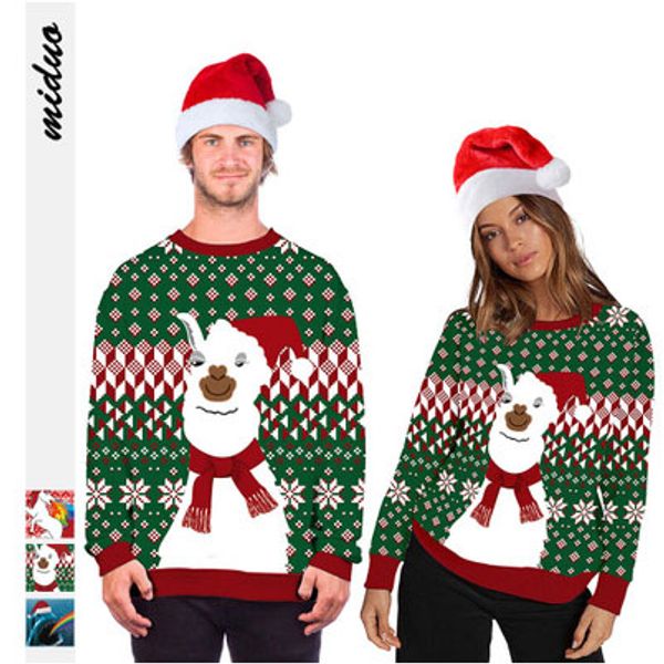 

men casual sweatshirt fashion christmas animal digital printing female round neck sweater large size loose couple autumn clothing, Black
