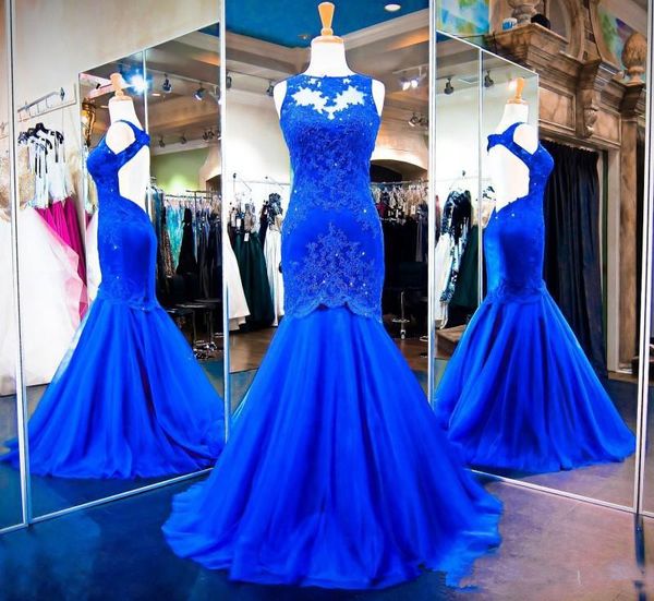 

royal blue elegant applique lace mermaid evening dresses vestidod e festa keyhole back floor long formal prom gowns vestidos de festa, Black;red