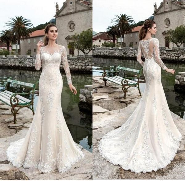 

2019 elegant sheer long sleeves lace mermaid wedding dresses tulle applique wedding bridal gowns with buttons, White