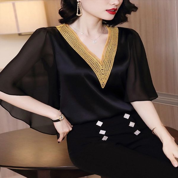 

satin black silk female v-neck 2020 embroidered flying sleeve elegant satin black silk shirt female v-neck 2020 embroidered flying s, White