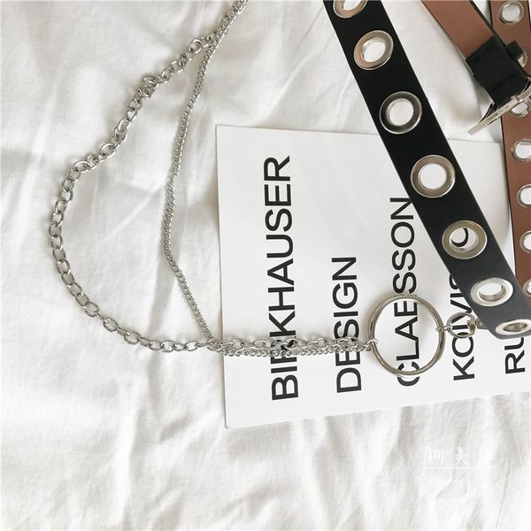 

european and american-style rock circle chain all hole of leather belt womens simple wild punk style mens concave shape belts retro, Black;brown
