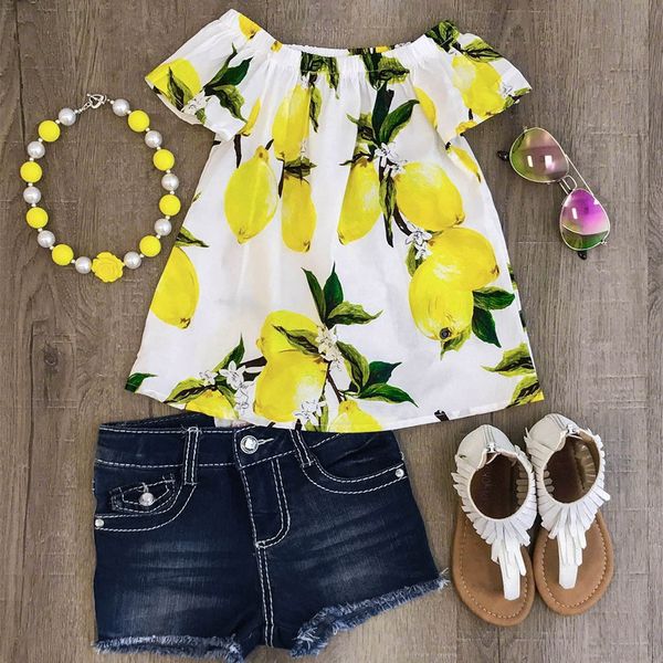 

girls fruits lemon print +hole denim jean shorts outfits sets pink girls clothing with headband summer 2019#g6, White