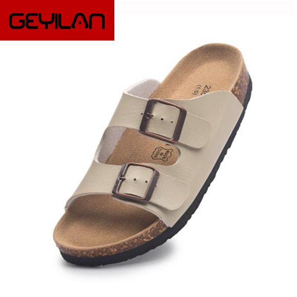 

new stylish women men summer platform beach cork slippers leather print double buckle sweet lovers flat sandalias, Black