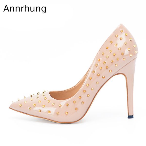 

punk rivets pumps women high gladiator heel slim shallow classic party shoes point toe solid nude autumn spring pumps woman 2020, Black