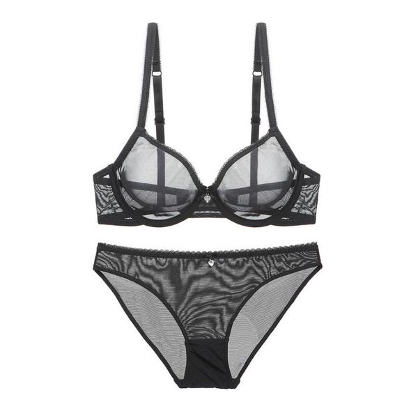 

european and american underwear super thin transparent gauze bra set gathers allure ultra-thin breathable transparent net bra suit, Red;black